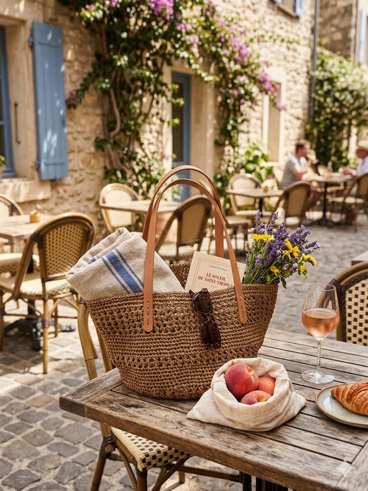 Cabas raphia fait main – sac bohème chic anses cuir